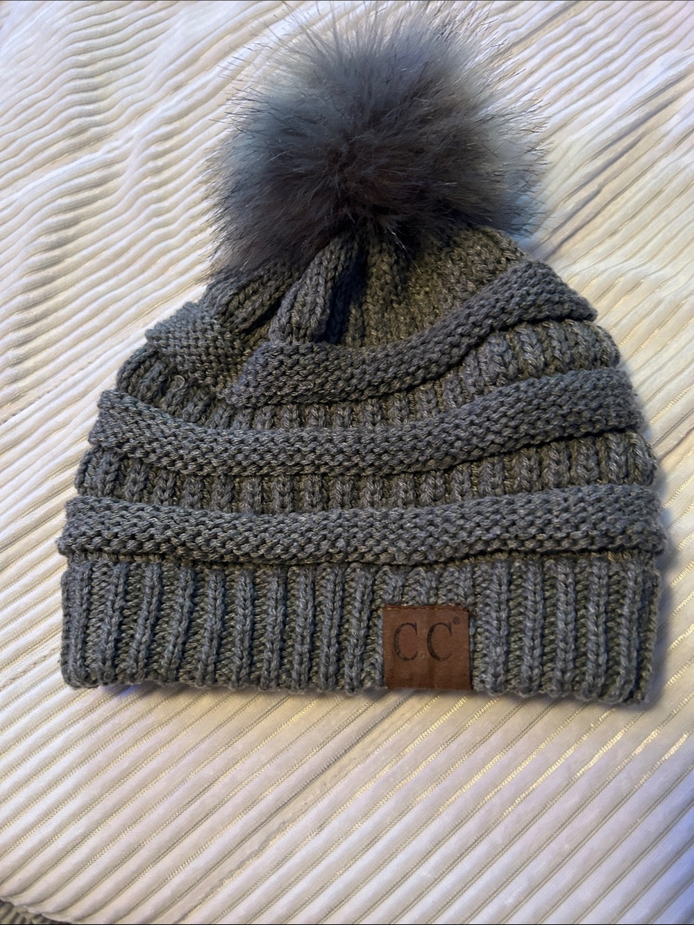 C.C Beanie Light Melange Gray Classic Knit Beanie Pompom